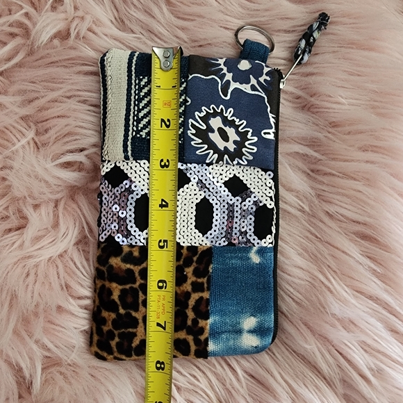 Candie Cooper fabric denim & sequin patchwork zipper pouch clutch purse - Picture 9 of 10